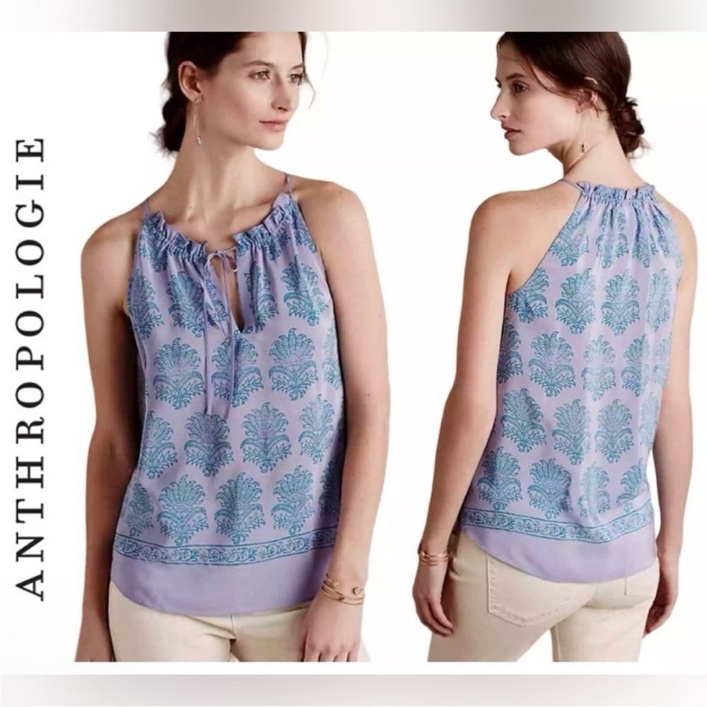 ANTHROPOLOGIE x HD In Paris 100% Silk Panorama Tank Top Lilac Teal Boho Size 10